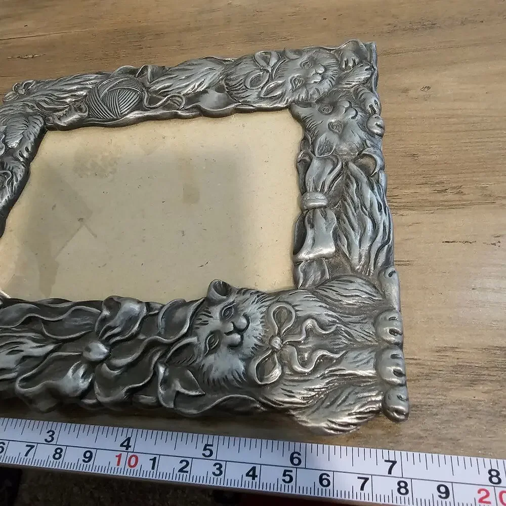 Vintage Pewter Cat Picture Frame MCM Classic Collectible Kitty Kittens Retro 80s